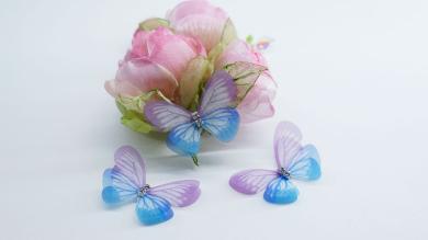 Бабочки двойные 3D, из органзы со стразами, 4 см - BOS031