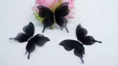 Бабочки тройные однотонные 3D, из органзы со стразами, 5 см - BOS051