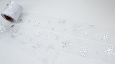 Фатин белый с серебристыми снежинками, 6 см - FD6016