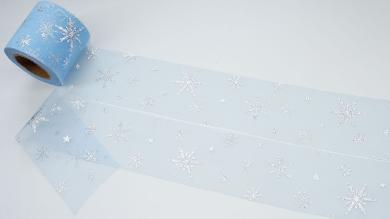 Фатин голубой с серебристыми снежинками, 6 см - FD6018