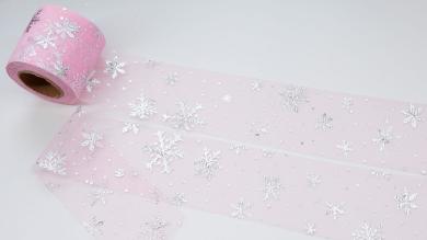 Фатин розовый с серебристыми снежинками, 6 см - FD6017